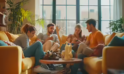 two men and three women sitting on a couch
