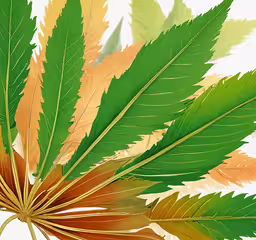 leaves are painted in shades and colors to resemble autumn,green, orange, and yellow leaf background on white