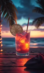 the glass has a drink and there is a slice of lemon