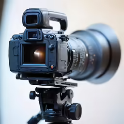 a camera attached to a tripod in front of a light