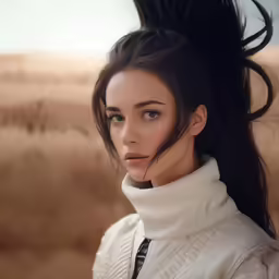 a woman with long hair wearing white and a sweater