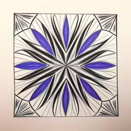 a drawing of a flower in blue and grey on white,a drawing is shown with black and white lines