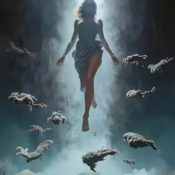 there is a woman floating under a cloudy sky
