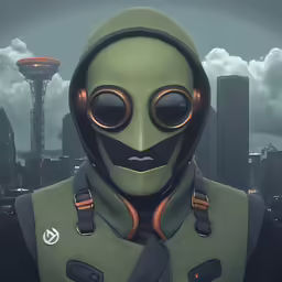 the man in the suit is wearing gas masks and a hood