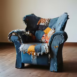 torn up chair with multiple colorful pillows on top