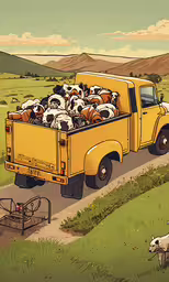 a painting of a truck full of cows,an old truck carrying animals down a road