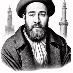 a man in coat and hat with lighthouse tower in background
