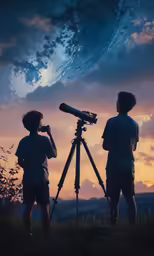 two children watching a telescope at sunset with the sky