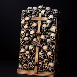 a wooden box filled with skulls and a cross