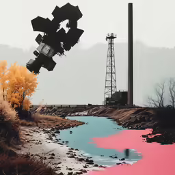 a pink pond sits in the foreground as a factory towers behind