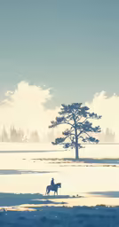 two horses in snow under a single tree