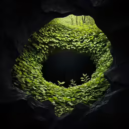a circular window in the side of a cave, with leaves all around