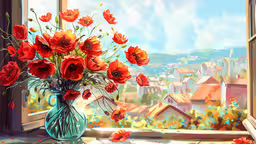 a vase filled with flowers near a window,a painting of red flowers is shown on the windowsill