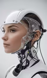 the head shot of a robot in front of a white background
