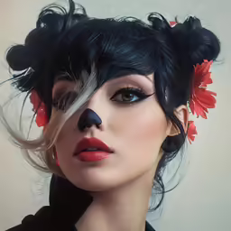 a young lady with a black cat nose and red flowers on her head