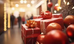 several wrapped presents next to each other at an office lobby