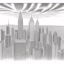 an image of the city with skyscrapers,the drawing shows the cityscape in pencil