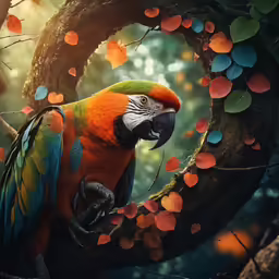 an orange and blue bird sits in a tree
