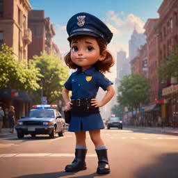 a small girl police officer standing next to a car,a cartoon character in police uniform stands on a city street