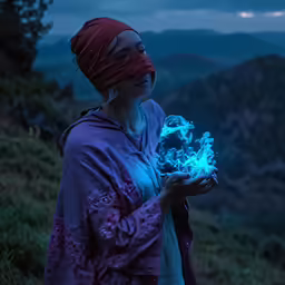 a woman with a fire orb on her hand