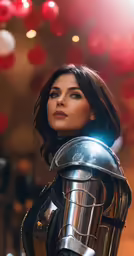 a woman wearing a armor, looking over her shoulder
