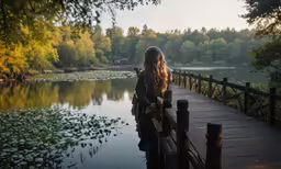 a woman sitting on a wooden bench near water
