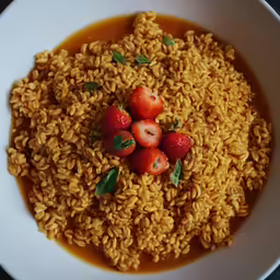 a plate of food with some strawberries on top