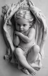 a little baby sits with its hand on her chest