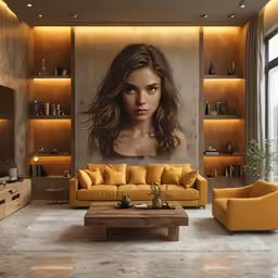 a living room has an orange couch, two yellow chairs and a large painting