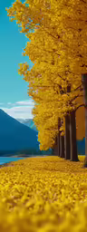 yellow trees and mountain in the background on a clear day