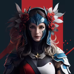 an image of a woman in armor with flower wreaths