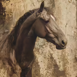 a brown horse with a long mane looking out over the dirt ground