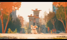 a dog laying on the ground with trees in background