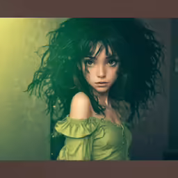 a painting of a woman with frizzy hair posing for a photo