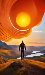 a man walks up the side of a mountain towards the sky