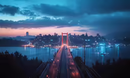 cars travelling over a city at night on a bridge