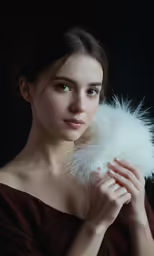 a woman in maroon shirt with feathers around her neck