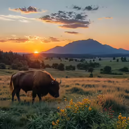 a buffalo in the grass with the sun setting