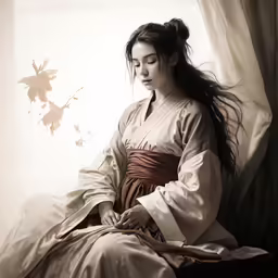 a woman in traditional korean clothing sitting on a bed