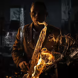 a man is blowing glass on a long stick