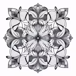 an intricate, stylized pattern with lots of leafs,an intricate flower is drawn in a circular pattern,a drawing that is made with lines and shapes,an intricate design made of black and white leaves,a large, ornate drawing with many leaves and flowers