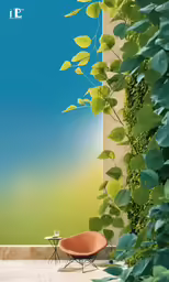 a plant is growing near a large window and chair