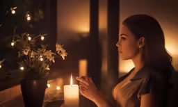 a woman sitting at a table holding a lit candle