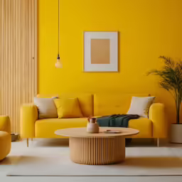 yellow living room decor with round wood coffee table