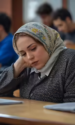 a woman is working at a laptop and has a serious look on her face