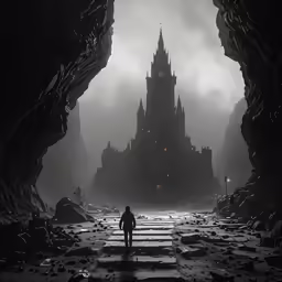 a man walks through the entrance to a castle
