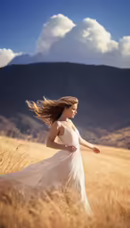 a woman in a white dress walks in a field