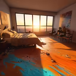 an empty room with a bed that has fallen from it and is dirty