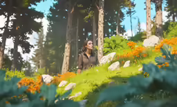 a young girl standing in a meadow looking back