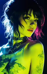 a female with tattooed arms and neck in neon colored glow - ons